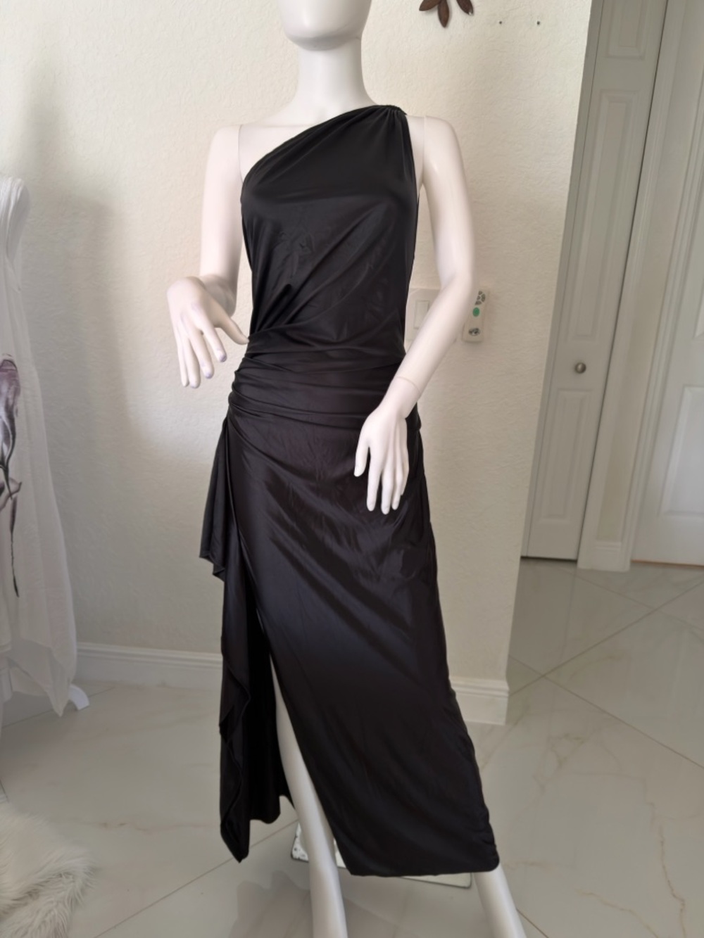 One-Shoulder Black Draped Evening Dress